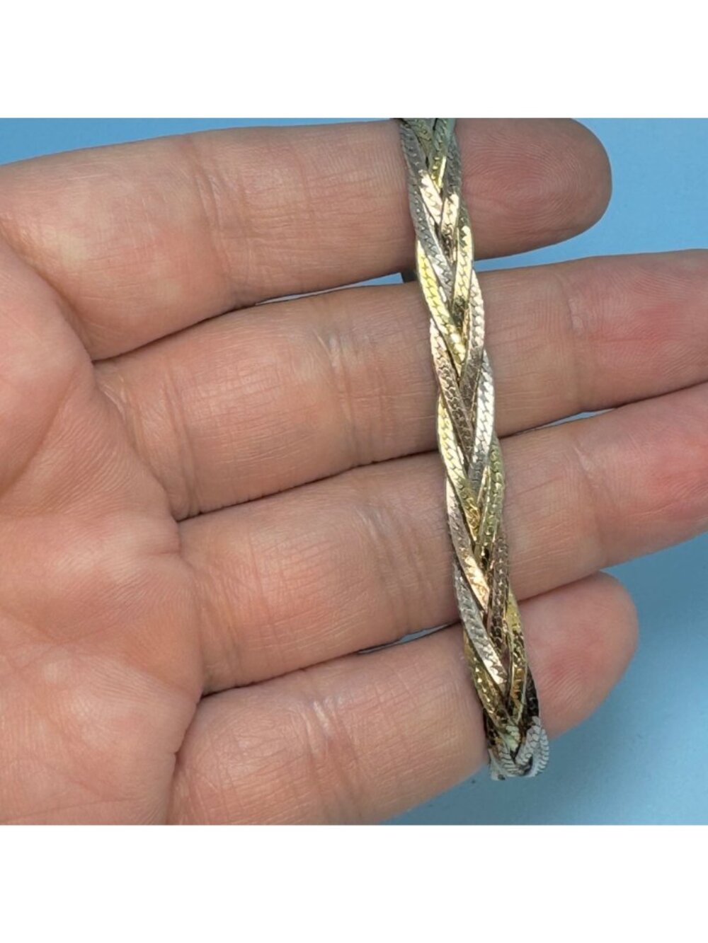 Tri-Color Braided Herringbone Bracelet Sterling Silver 925 Size 8'' Length - Picture 4 of 10